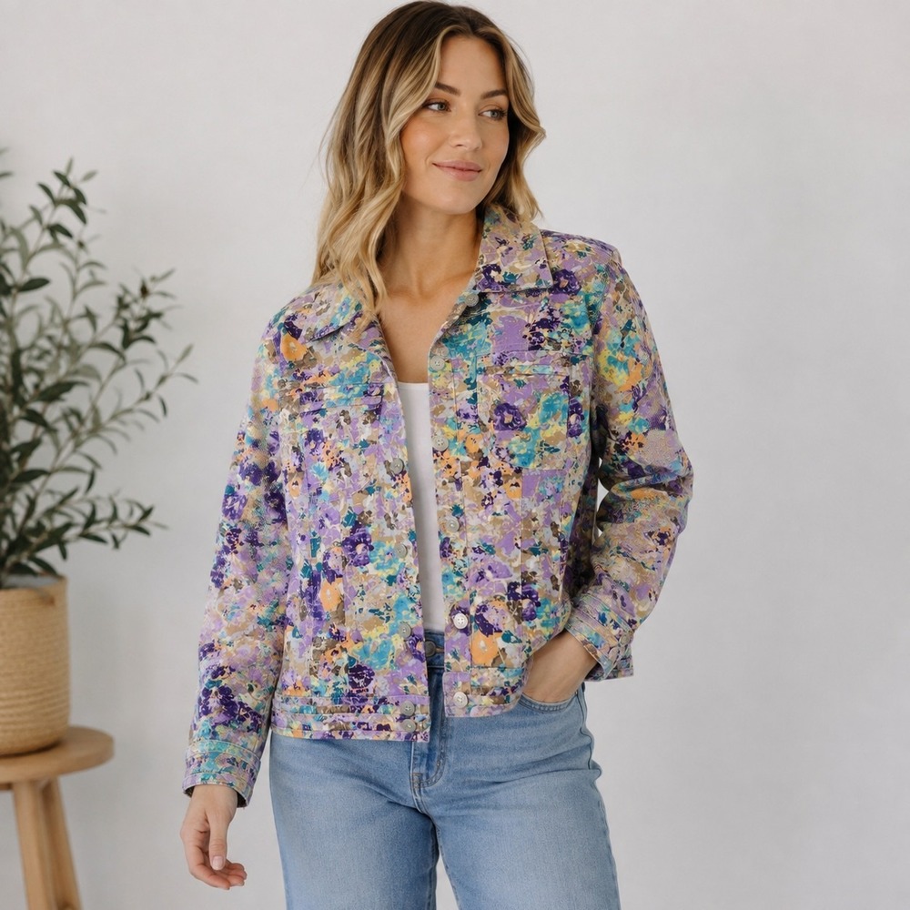 Christopher & Banks M Linen Cotton Purple Floral Denim Jacket Cottagecore Artsy